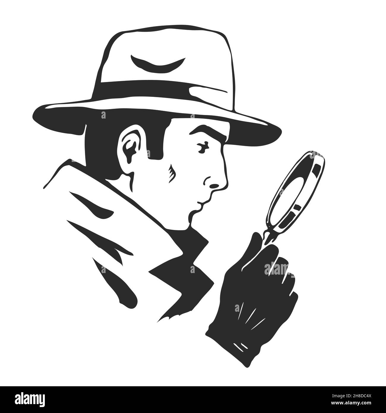 Male detective with a magnifying glass in his hand. On the head is a hat. Investigation and search for evidence. Vector black and white sketch illustr Stock Vector
