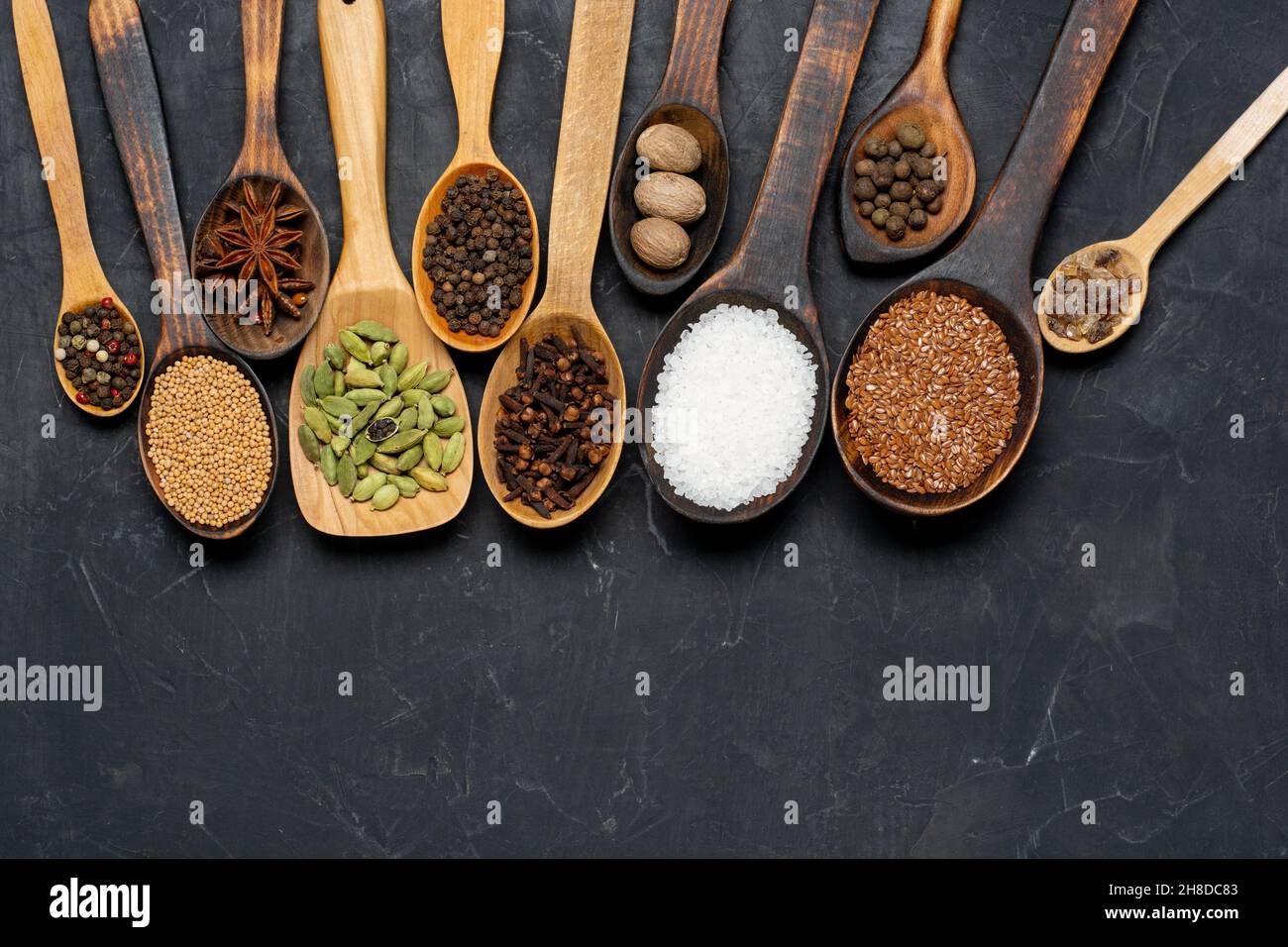 Set of Indian spices on concrete background. Top view copy space. Stock Photo