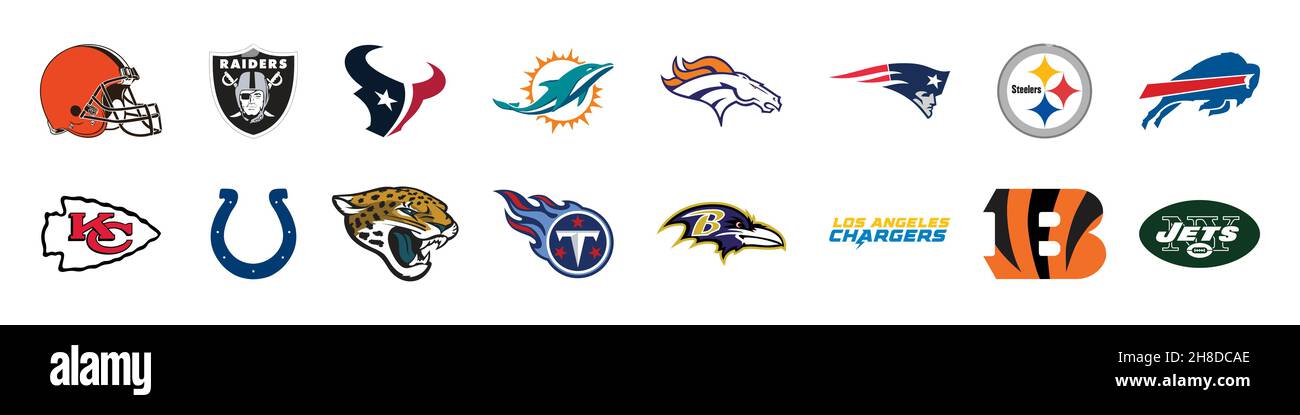 AFC American football league tournament clubs, teams emblem set. Editorial image. Stock Vector