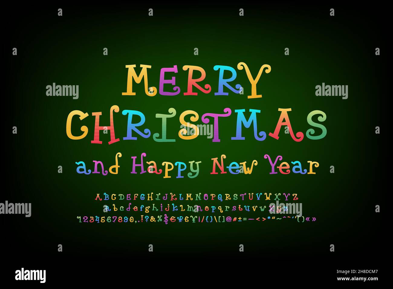 Decorative card Merry Christmas and Happy New Year. Multicolor curly font on dark-green background. Stock Vector