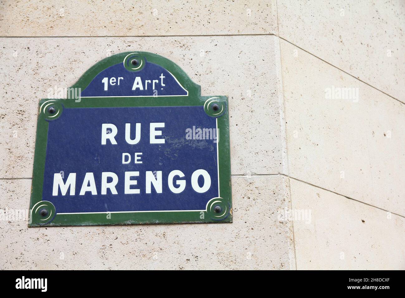 Paris, France - Rue De Marengo old street sign. Stock Photo
