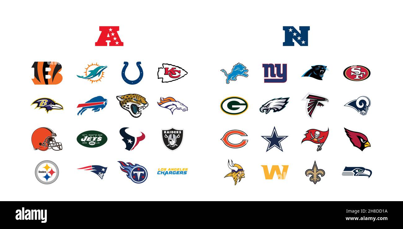 American football leagues tournament clubs, teams emblem set. Editorial image. Stock Vector