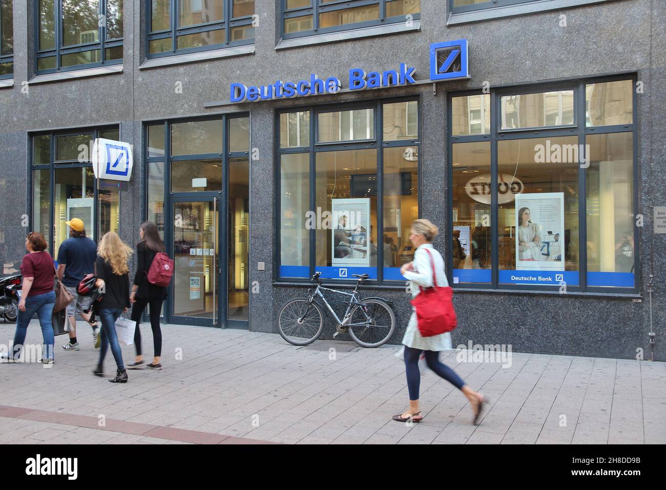 HAMBURG, GERMANY - AUGUST 28, 2014: Deutsche Bank branch in Hamburg. Deutsche Bank is one of largest banks in the world with 98,200 employees (2013). Stock Photo