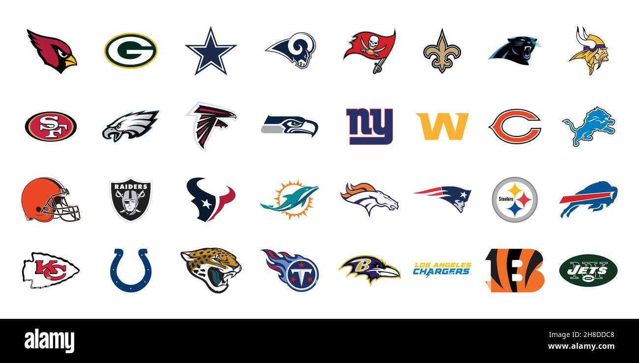 American football leagues tournament clubs, teams emblem set. Editorial image. Stock Vector