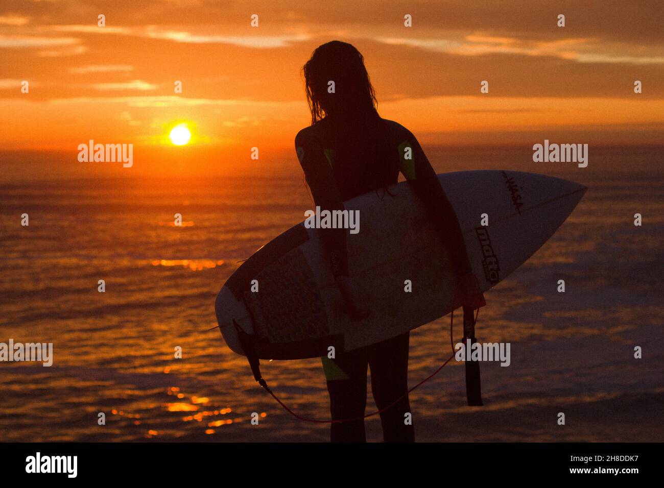 Silhouette of a female surfer with her board on the coast of the ocean ...
