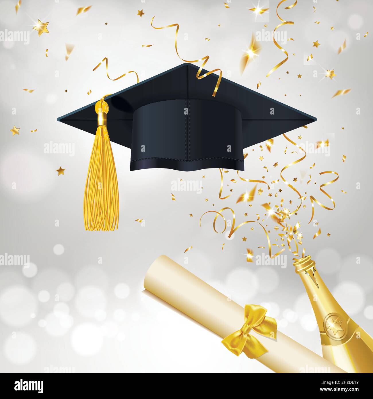 congratulatory banner about getting an education with a bottle of champagne and gold confetti on a silver background Stock Vector