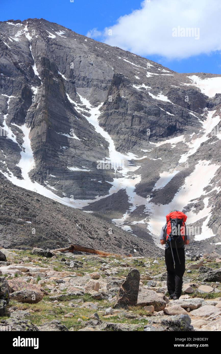 ROCKY MOUNTAINS, USA - JUNE 18, 2013: Tourist hikes to Longs Peak in Rocky Mountain National Park, Colorado. RNMP has 3,176,941 annual visitors (2011) Stock Photo
