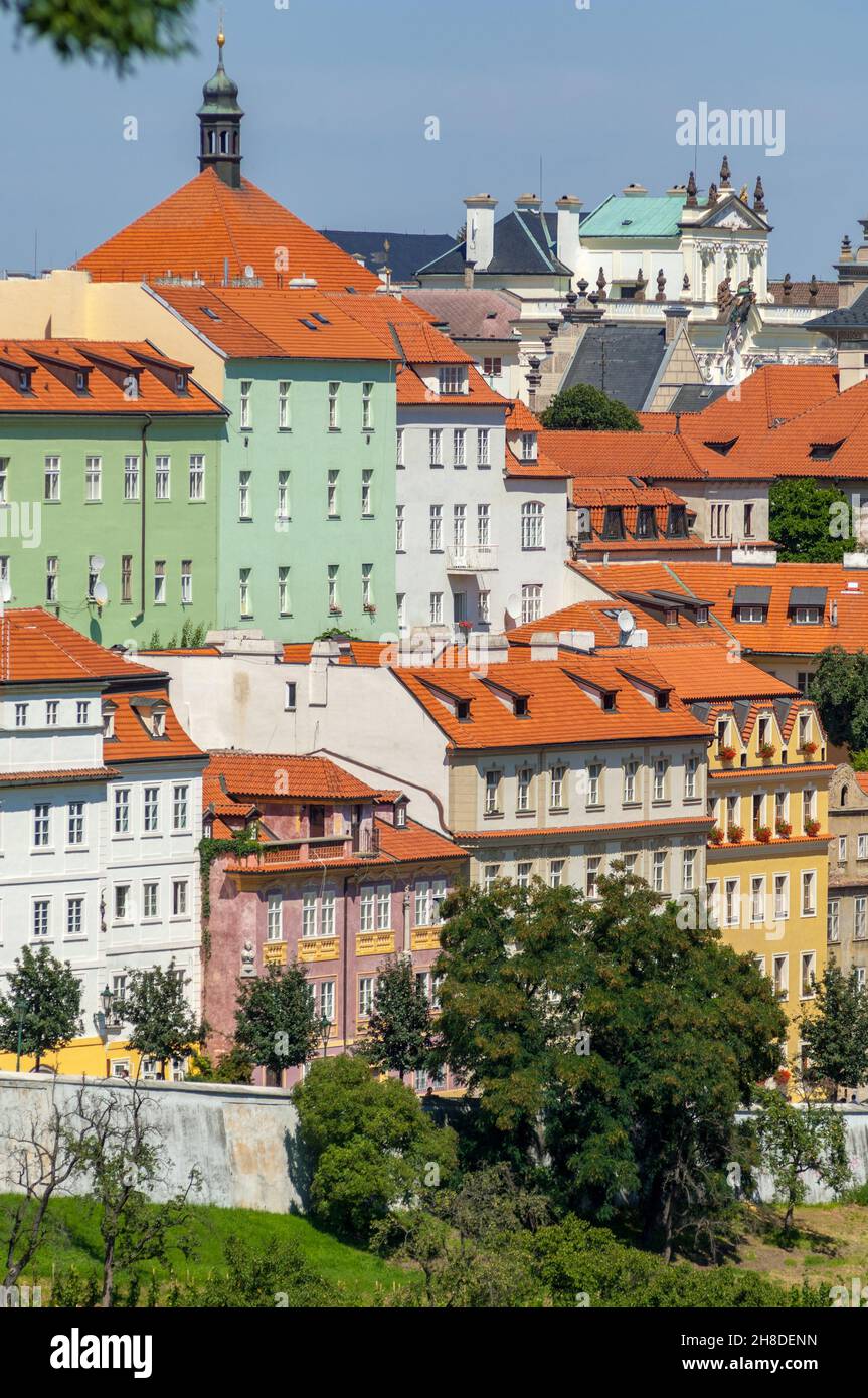 Brightly coloured buildings look out over Malá Strana's Úvoz Street in Prague Stock Photo