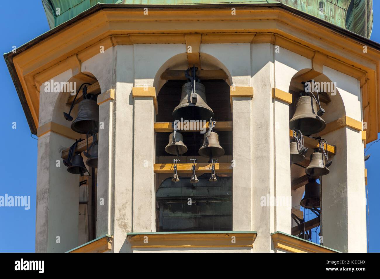 Petr Neumann's thirty-bell carillon in Kristof and Kilian Ignaz Dietzenhofer's bell tower of the Prague Loreto Stock Photo