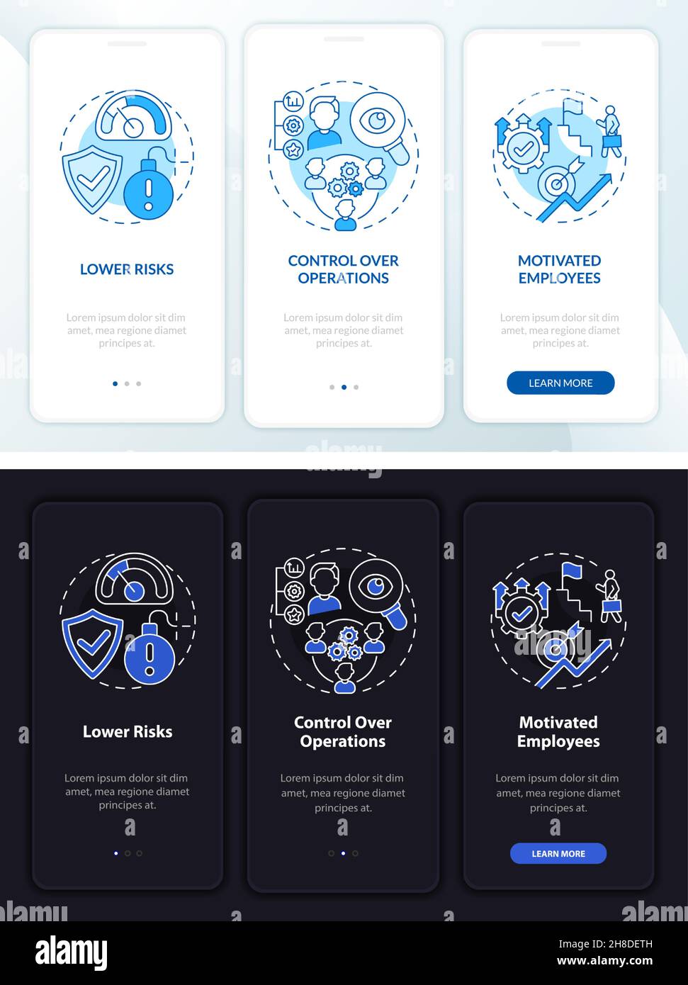 Internal growth perks dark, light onboarding mobile app page screen Stock Vector