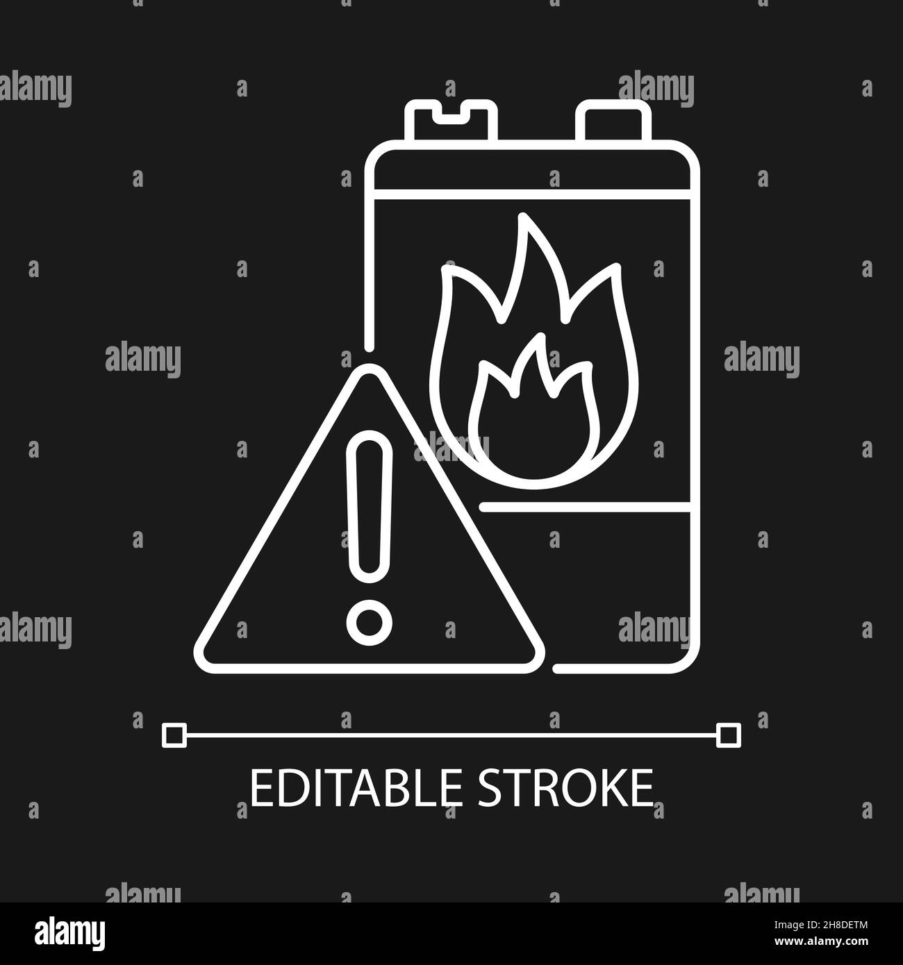 Battery flammability white linear icon for dark theme Stock Vector