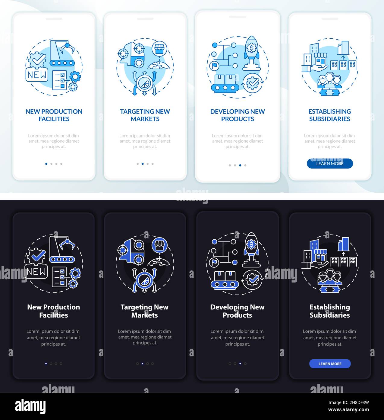Internal business growth dark, light onboarding mobile app page screen ...