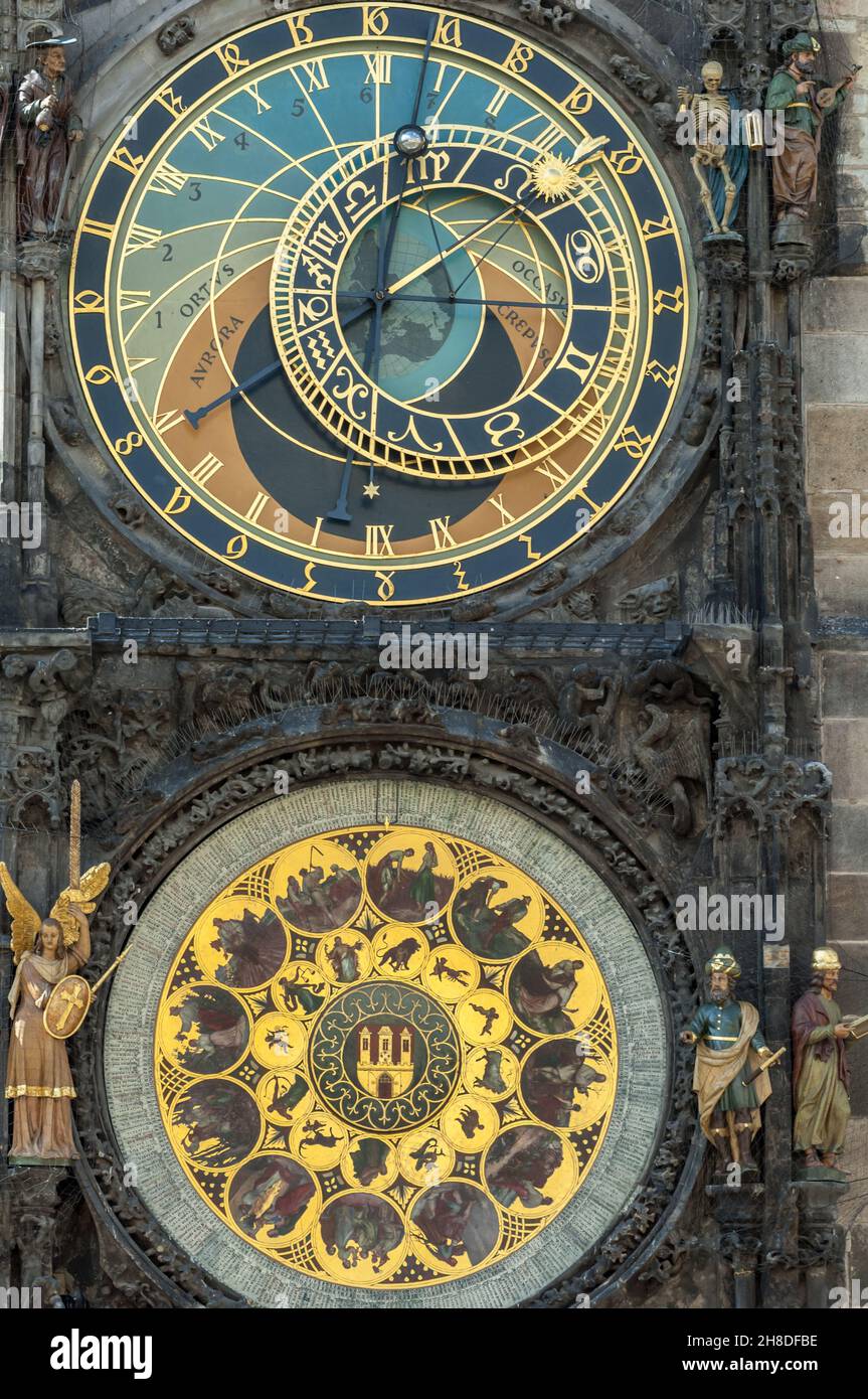 The Zodiacal ring and Calendar of Prague's historic Astronomical Clock on the Old Town Hall in Prague Stock Photo