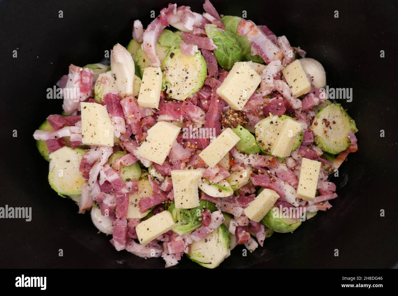 Top view of tasty dish including Brussels sprouts, bacon lardons and
