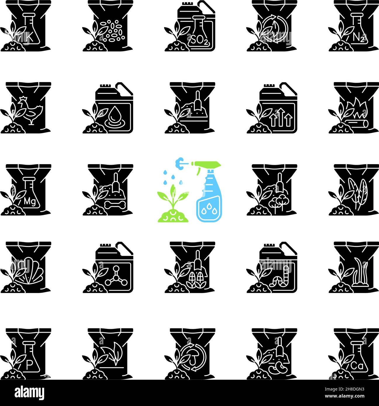 Fertilizers type black glyph icons set on white space Stock Vector