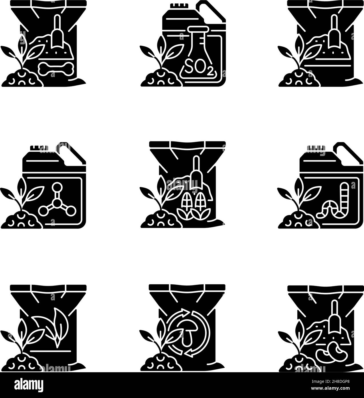 Natural fertilizers black glyph icons set on white space Stock Vector