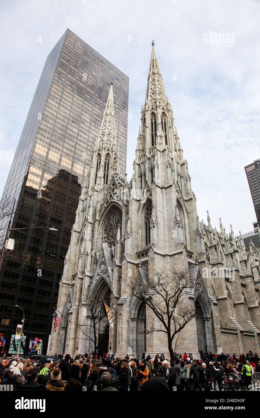 NEW YORK, NY, USA - DECEMBER 27, 2018: Church from 1879 St. Patrick Cathedral view from near Rockefeller Center on 5th Avenue Stock Photo