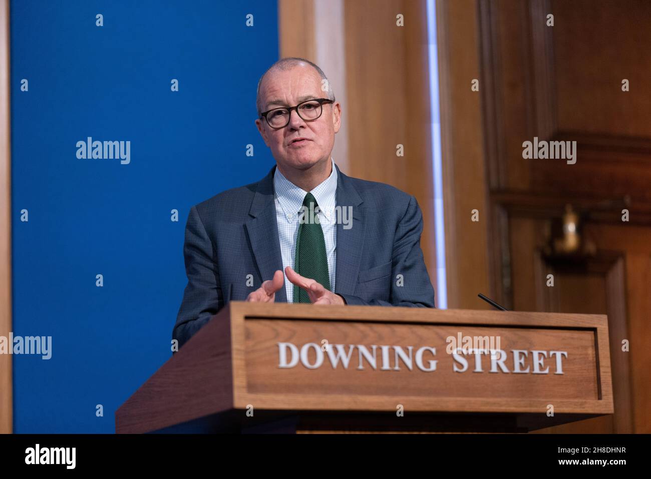 UK Prime Minister Boris Johnson gives COVID-19 Press Conference urging people to get their booster jabs, Downing Street, London, United Kingdom Stock Photo