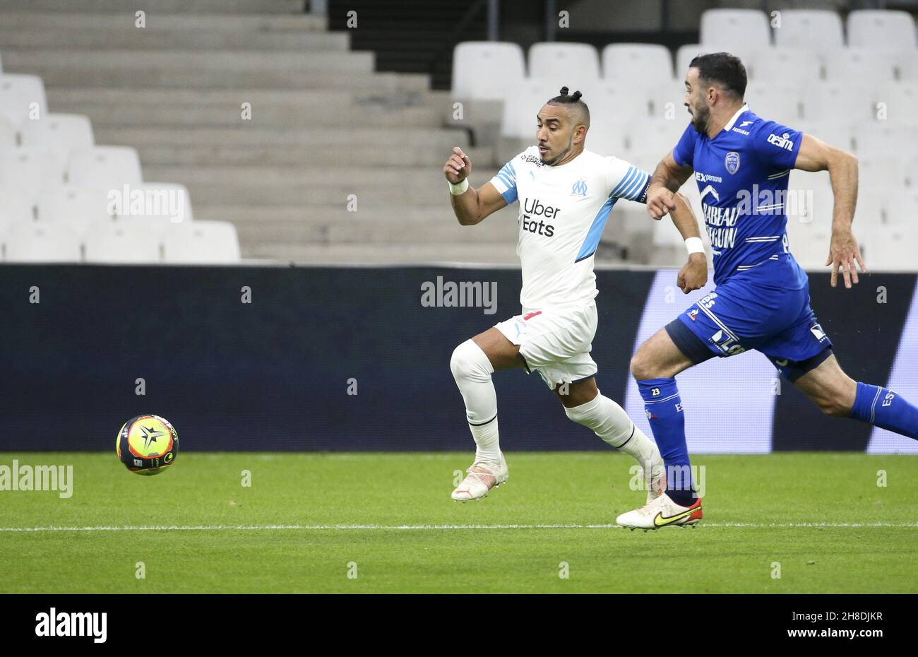 Dimitri Payet of Marseille, Adil Rami of Troyes during the French championship Ligue 1 football match between Olympique de Marseille and ESTAC Troyes on November 28, 2021 at Orange Velodrome stadium in Marseille, France - Photo: Jean Catuffe/DPPI/LiveMedia Stock Photo