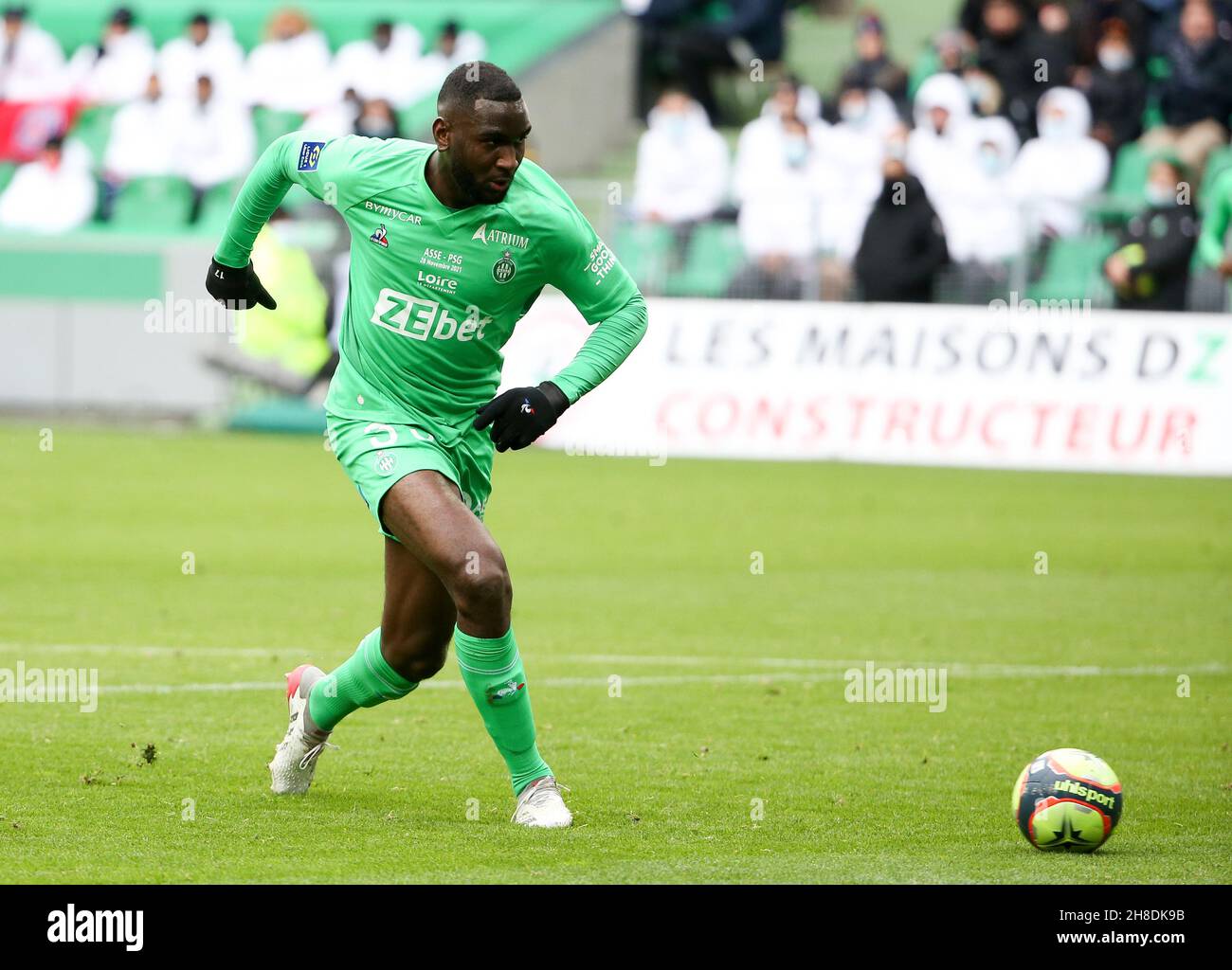 Mickael Nade of Saint-Etienne during the French championship Ligue 1  football match between AS Saint-Etienne (ASSE) and Paris Saint-Germain (PSG)  on November 28, 2021 at Stade Geoffroy Guichard in Saint-Etienne, France -