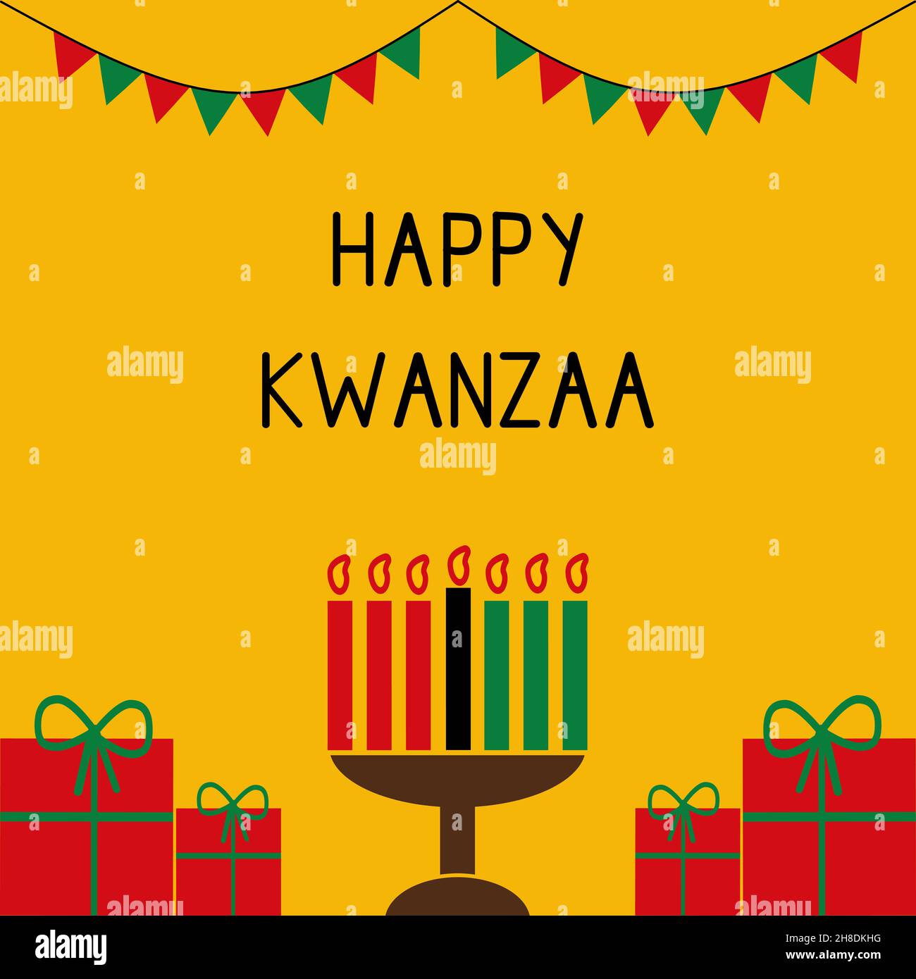Vector illustration of Happy Kwanzaa holidays. Greeting card with Kinara and flags. Celebration of African heritage, unity, and culture Stock Vector