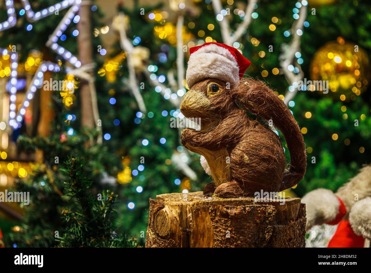 Christmas squirrel on blurry Christmas tree decoration background Stock Photo