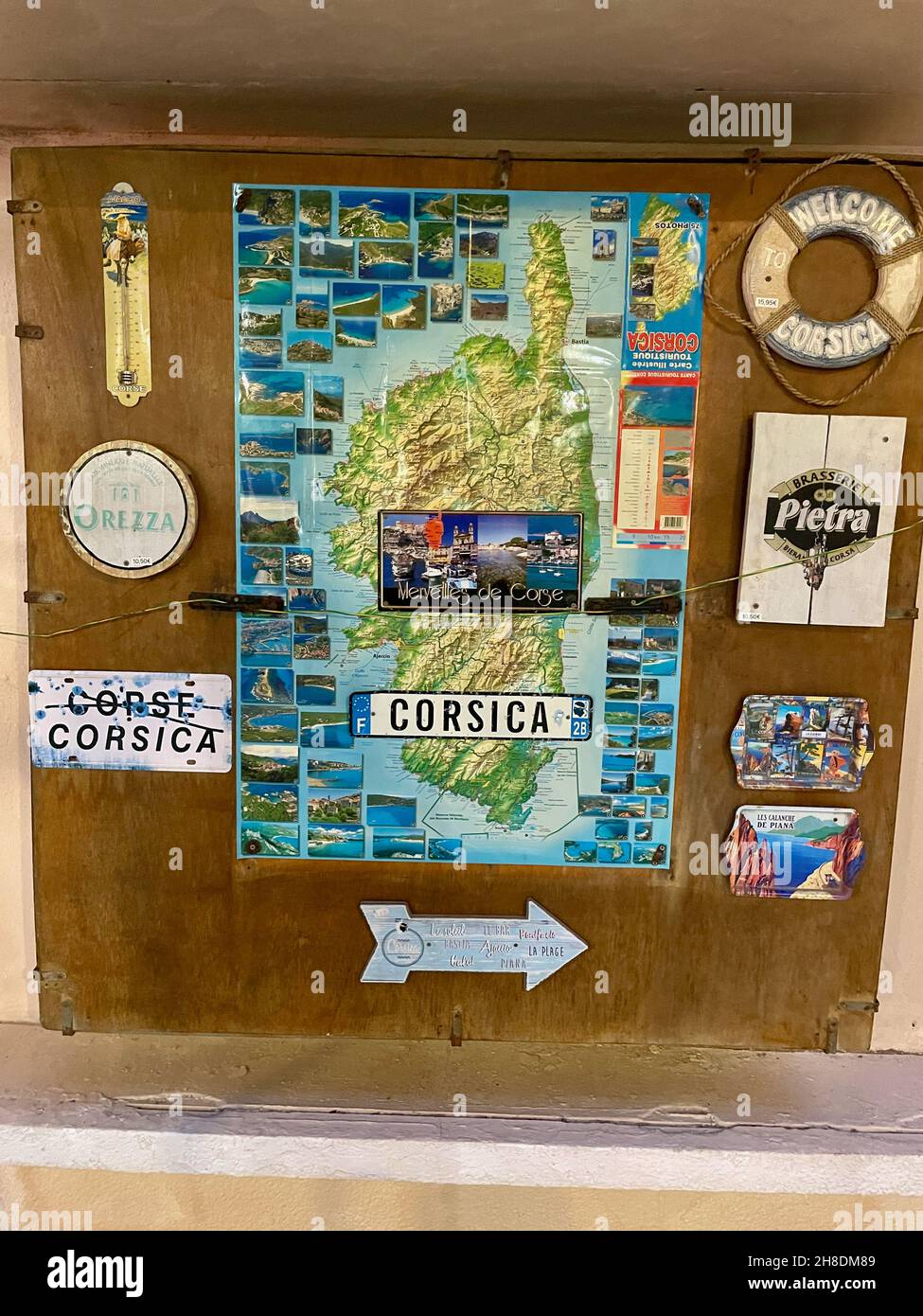 Bonifacio, Corsica, 25.07.2021. Corsica map and magnets at souvenir shop. Stock Photo
