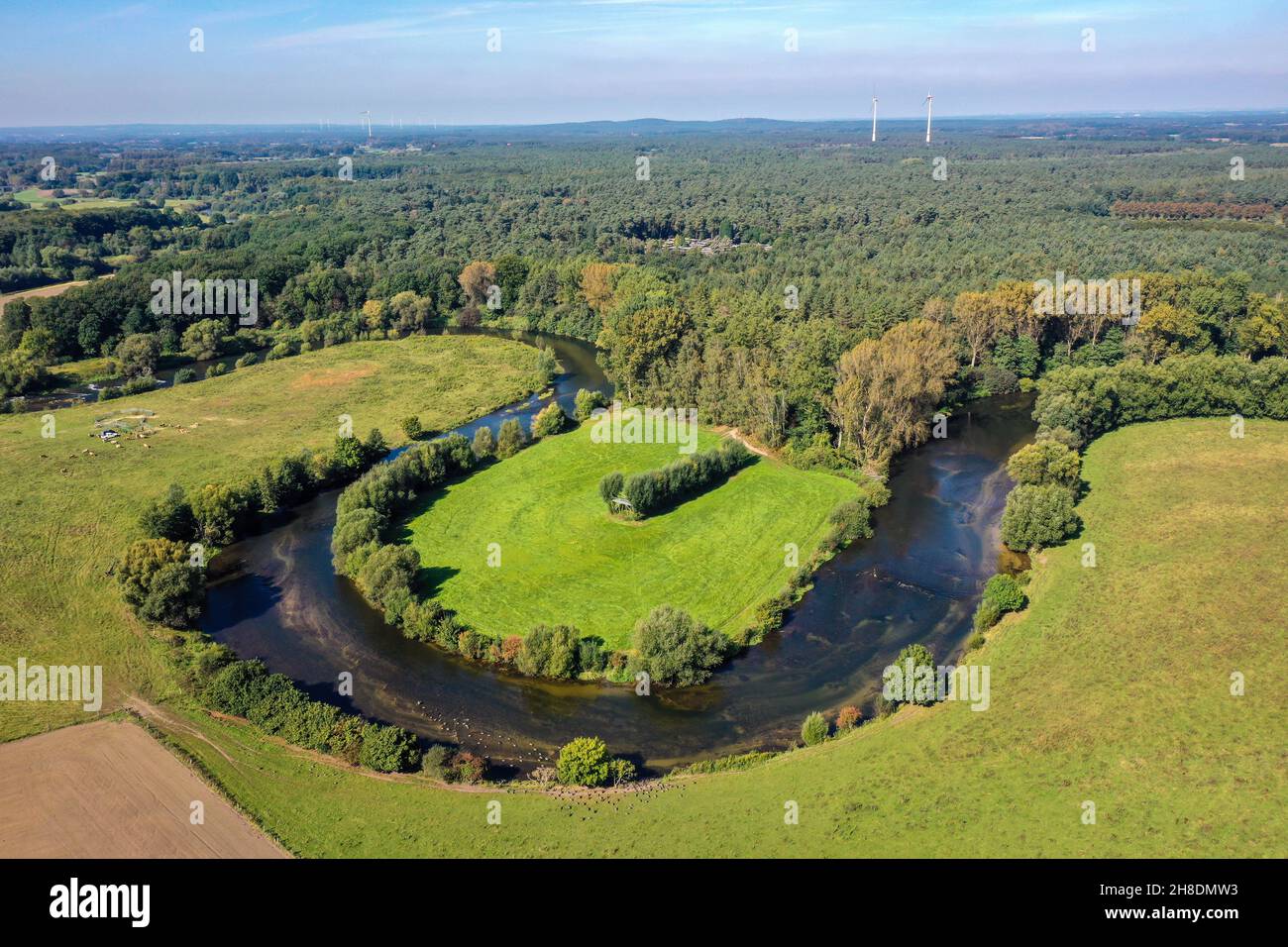Datteln, Nordrhein-Westfalen, Deutschland - Lippe, Fluss- und Auenentwicklung der Lippe bei Haus Vogelsang, hier wurde eine naturnahe Flusslandschaft Stock Photo
