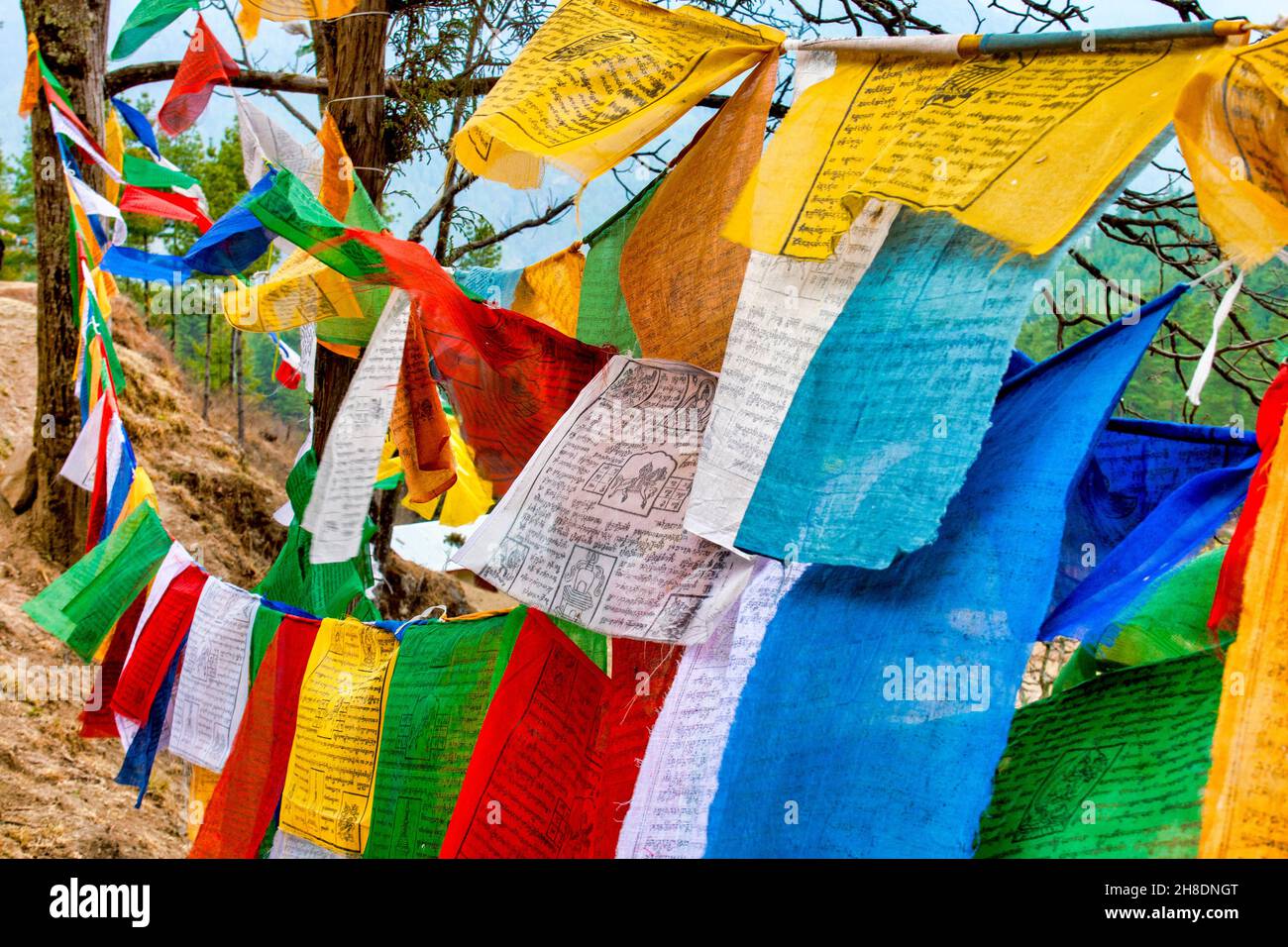 Prayer flags near the Dechenphu Lhakhang, Paro, Bhutan Stock Photo