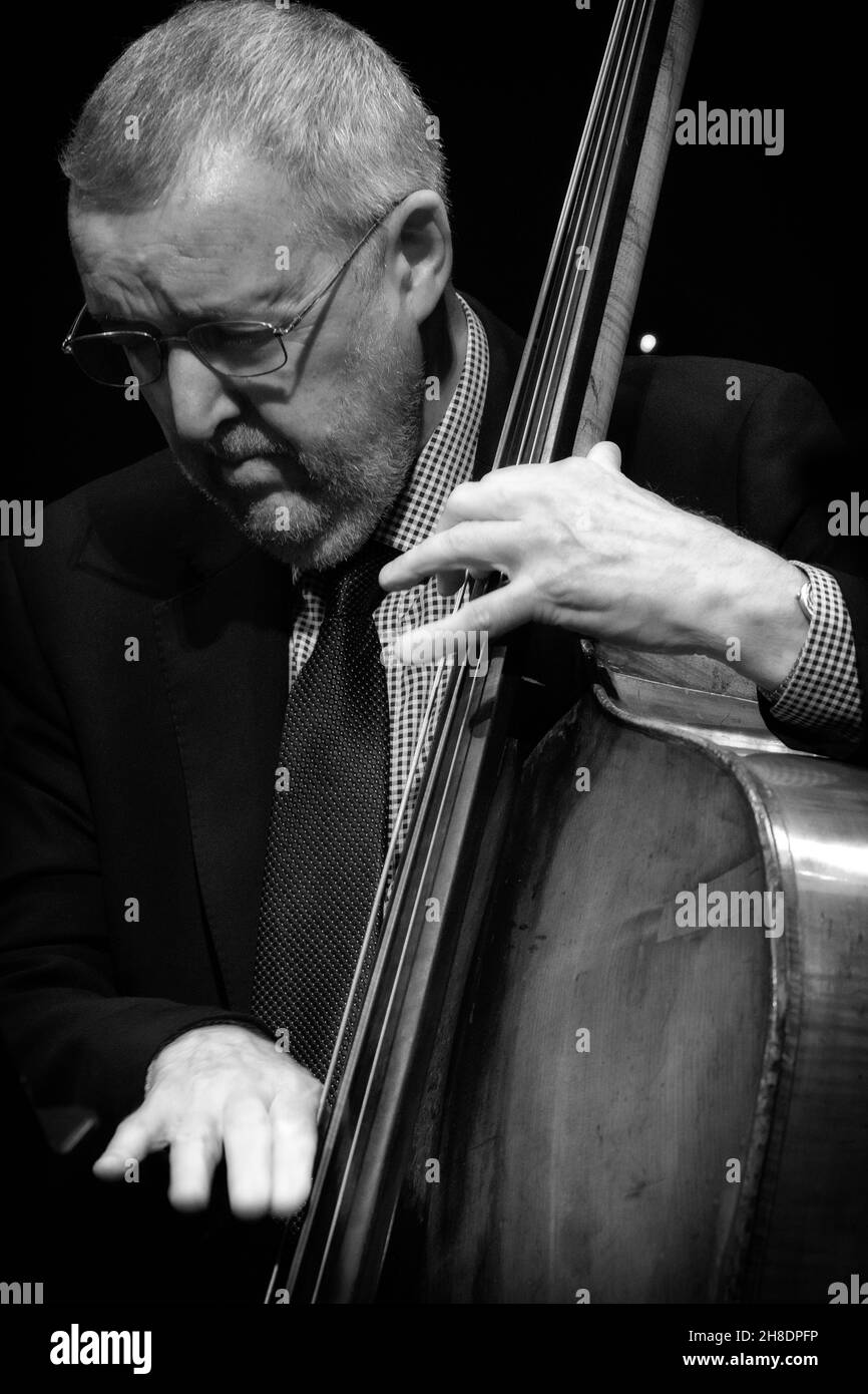 Dave Green plays double bass with Karen Sharp Quartet,  Scarborough Jazz Festival 2021, UK Stock Photo