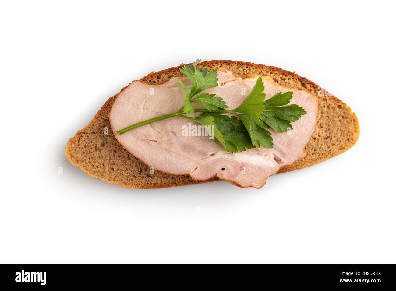 Smoked pork ham sandwich isolated on white background. Top view, flat