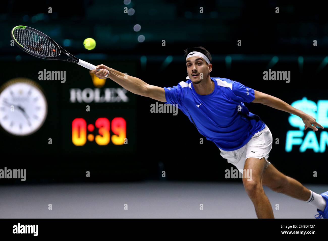 Lorenzo Sonego of Italy in action in the match against Borna Gojo of Croatia during the Davis Cup quarter-final match between Italy and Croatia at Pala Alpitour on November 29, 2021 in