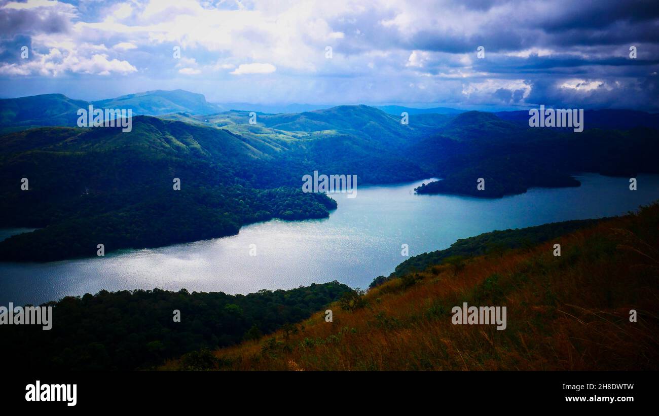 Lake View from Grassy Mountain Top Stock Photo