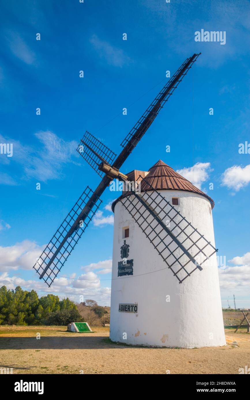 Windmill. Mota del Cuervo, Cuenca province, Castilla La Mancha, Spain. Stock Photo