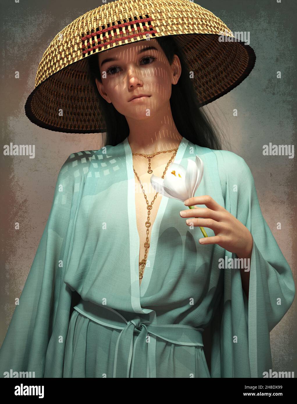 3d computer graphics of a girl with Asian dress and hat and a white Crocus in her hand Stock Photo