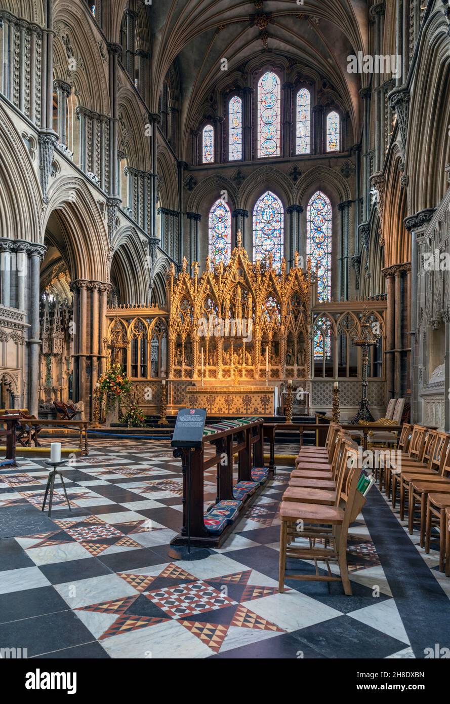 England, Cambridgeshire, Ely Cathedral, Interior showing Ornate Arches and Stone Screen near the Shrine of St Etheldreda Stock Photo