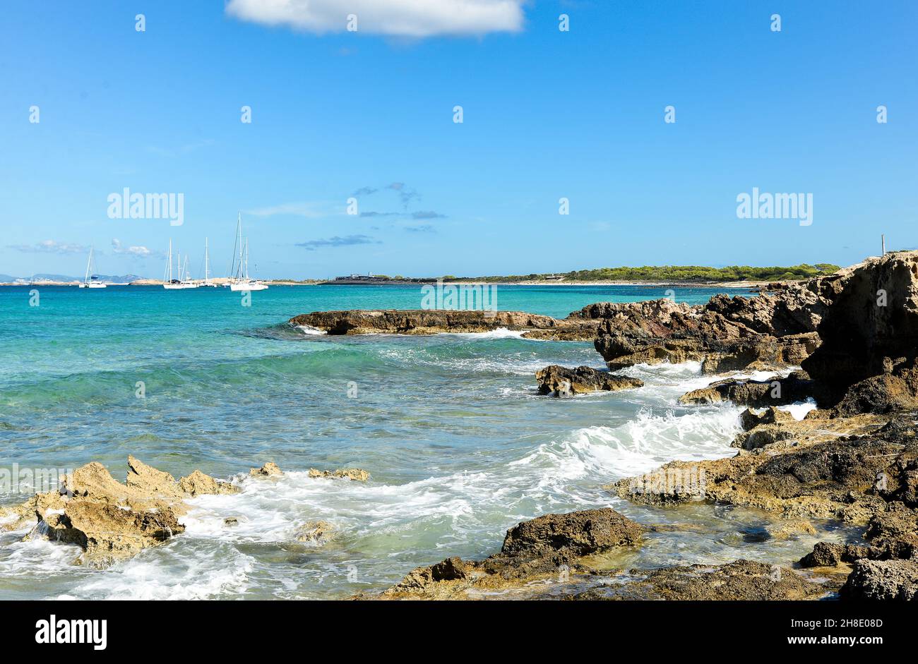 Torques water and bay on Formentera Balearic island Spain. Stock Photo