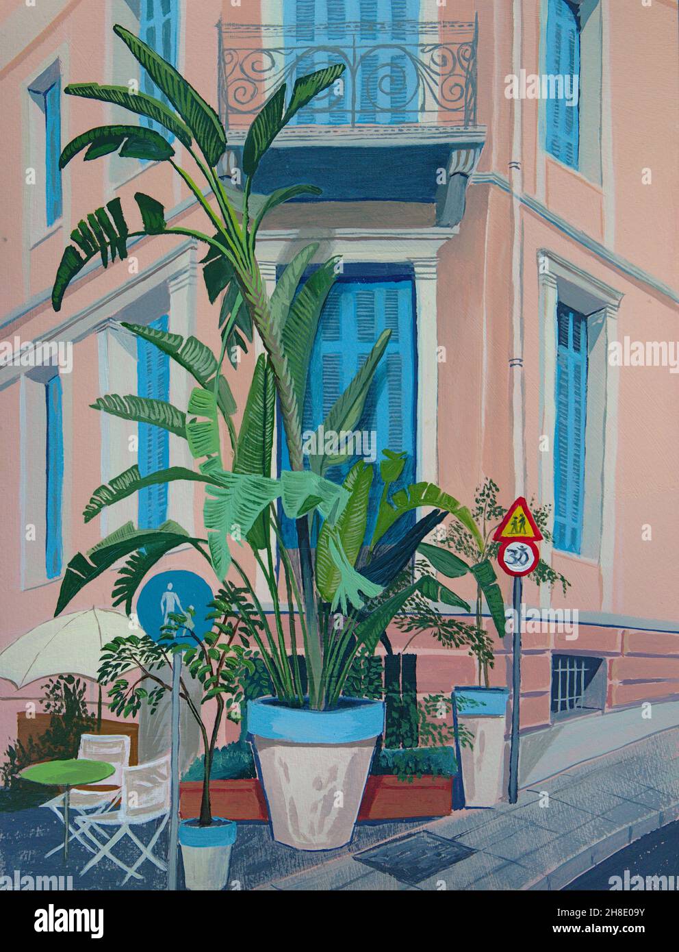 original painting of huge potted plant outside a pink building with blue shutters Stock Photo
