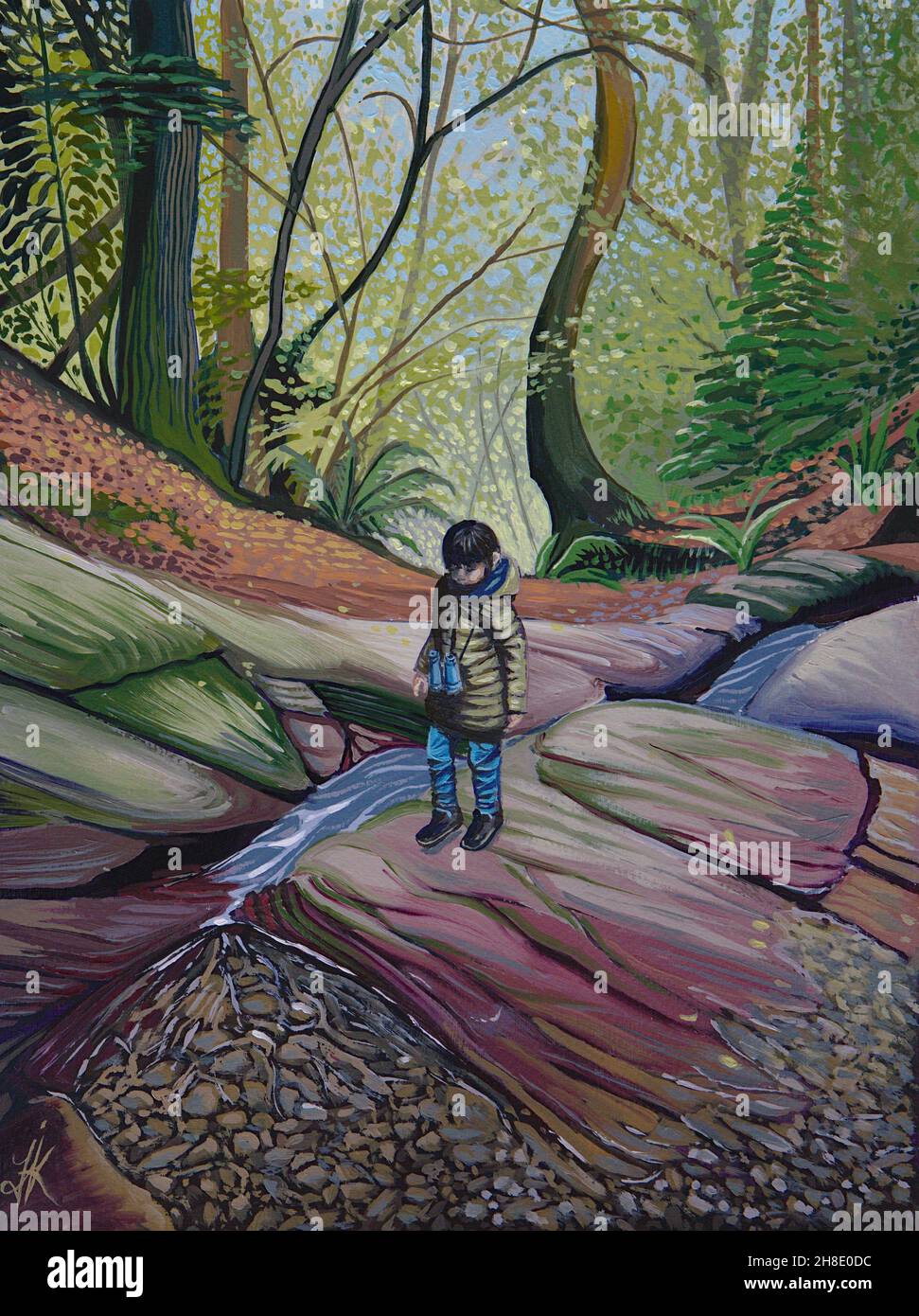 original painting of little boy exploring Plymbridge woods Stock Photo