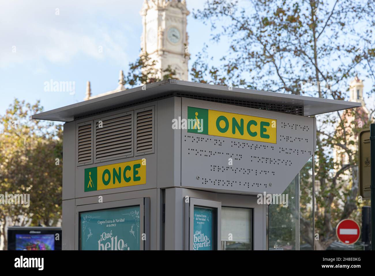 VALENCIA, SPAIN - NOVEMBER 29, 2021: ONCE is a Spanish foundation to raise funds to provide services for blind people Stock Photo