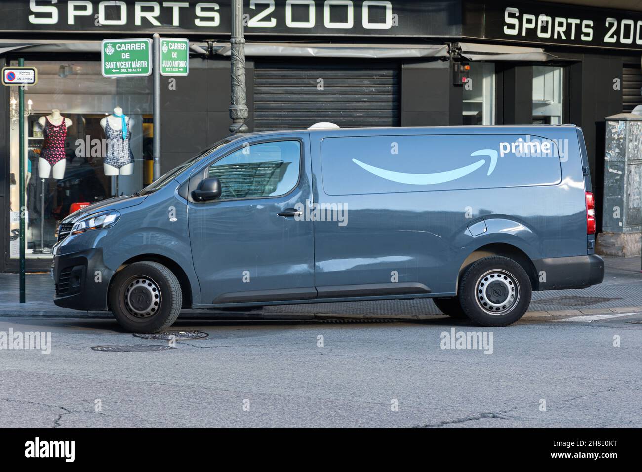 VALENCIA, SPAIN - NOVEMBER 29, 2021: An Amazon delivery van with the Prime logo Stock Photo