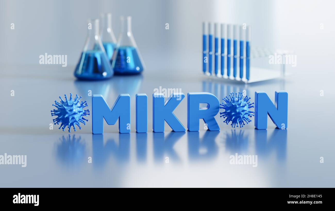 New mutation of corona virus named 'omikron' B.1.1.529: Corona virus - Schematic image of viruses of the Corona family embedded into the text 'OMIKRON Stock Photo