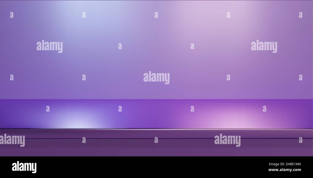 Purple steel countertop, empty shelf. Vector realistic mockup of table top, kitchen counter on violet background with spot light. Bar desk surface in Stock Vector