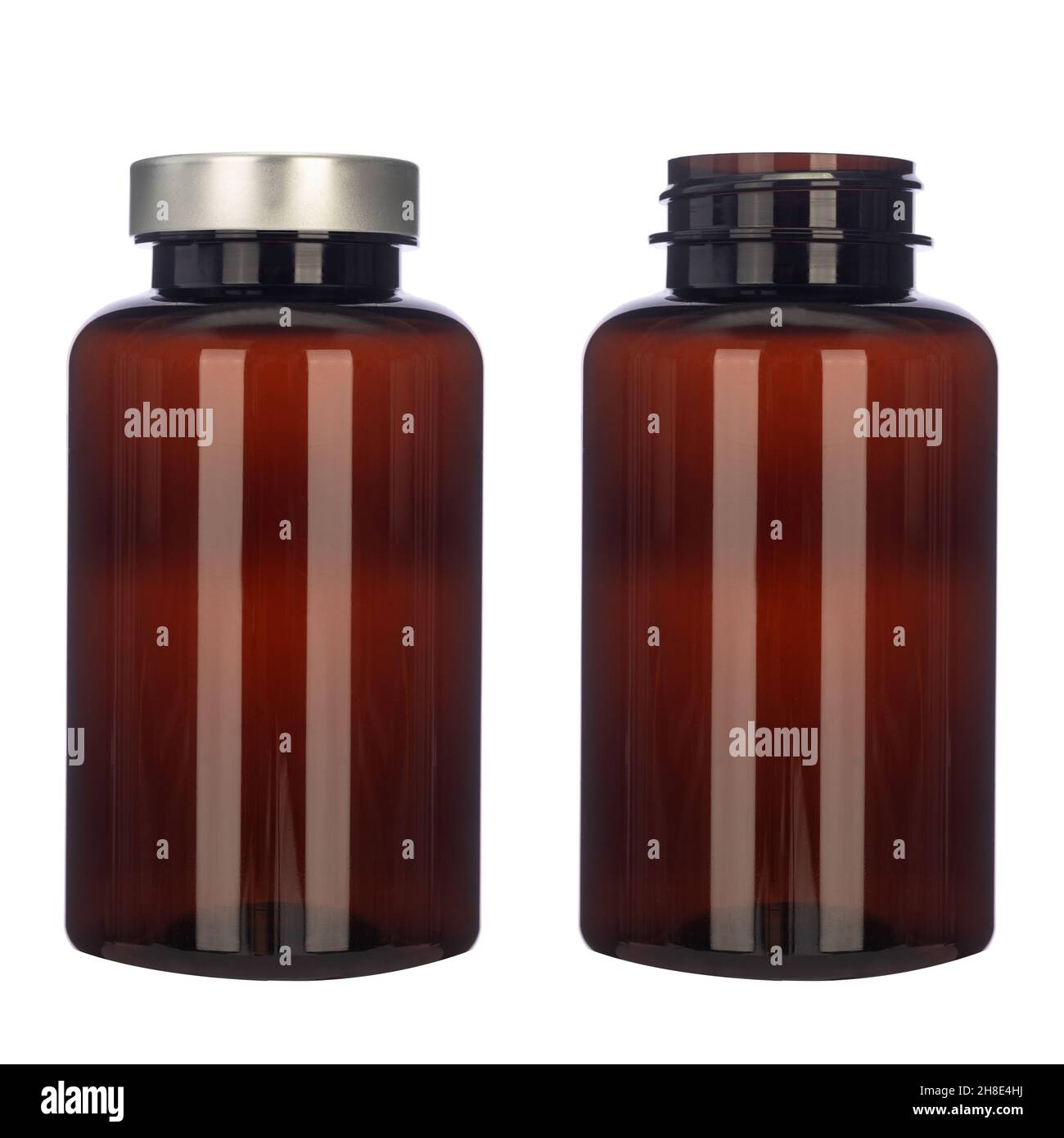 Bottle with brown plastic insulated on white. Silver cap Stock Photo