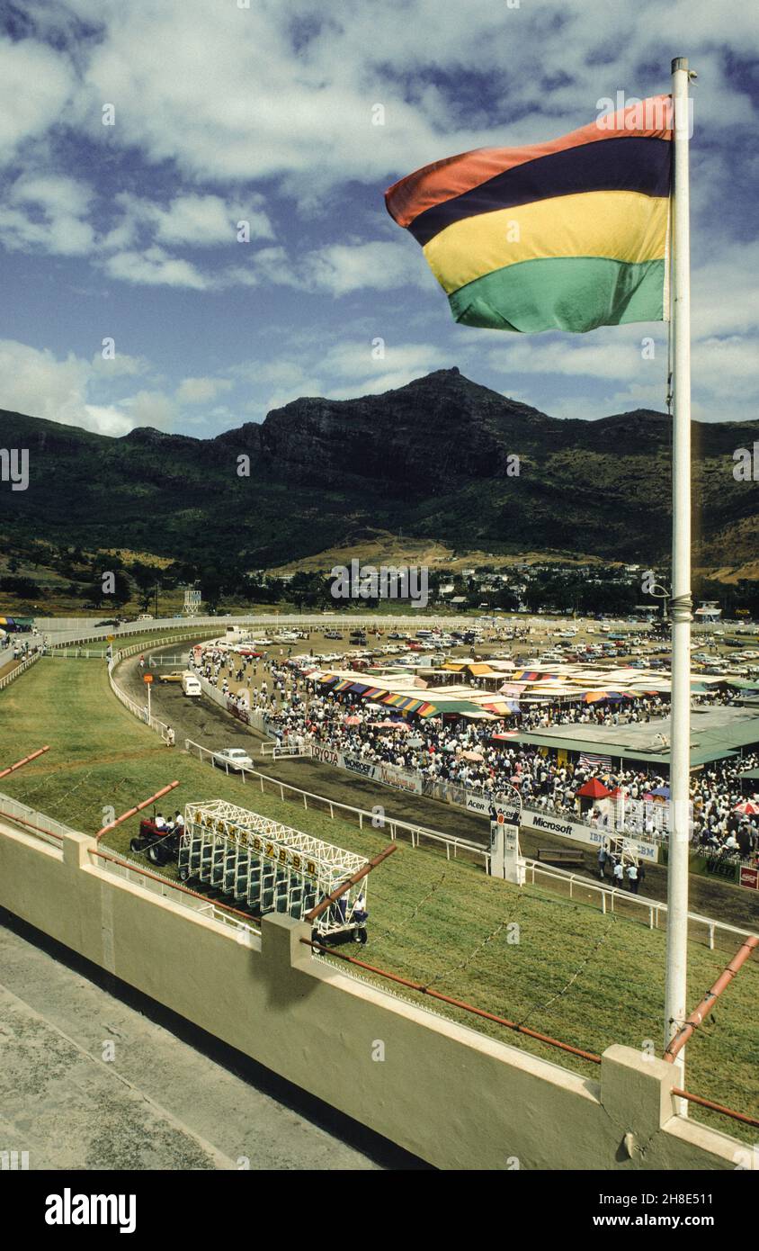 Racing day in Port Louis: a view from the grandstand of the Mauritian Turf Club MTC on the course and the crowds in the inner section Stock Photo
