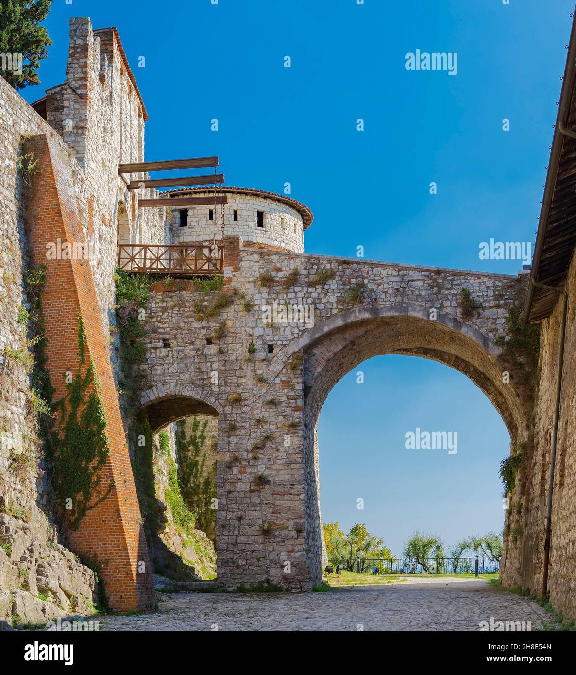 Fragment of the fortifications of the medieval castle. Brescia. Italy Stock Photo