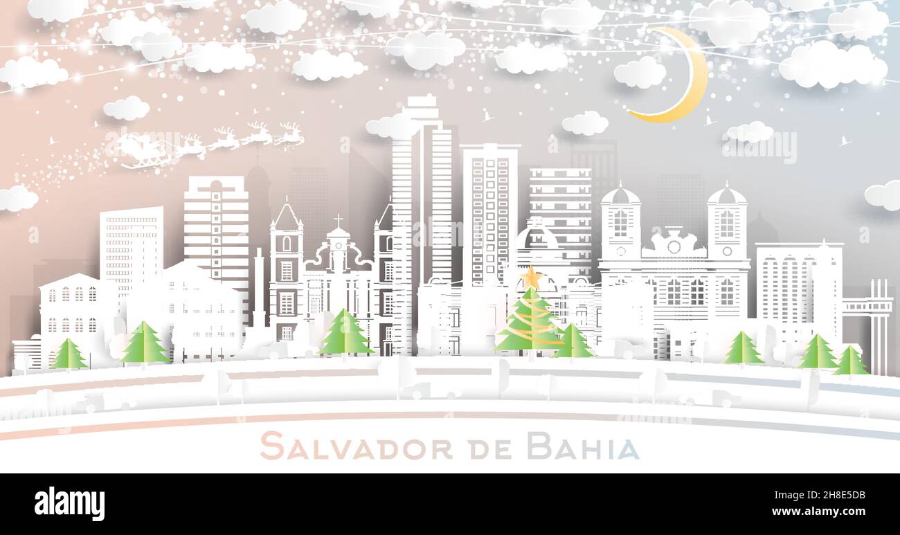 Salvador de Bahia Brazil City Skyline in Paper Cut Style with Snowflakes, Moon and Neon Garland. Vector Illustration. Christmas and New Year Concept. Stock Vector
