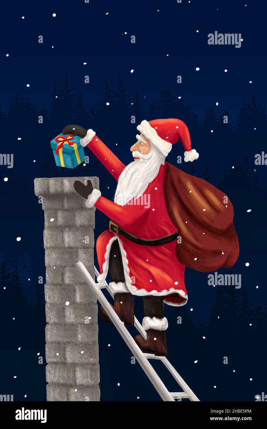 Santa Claus climbing the stairs above the roof of the house and