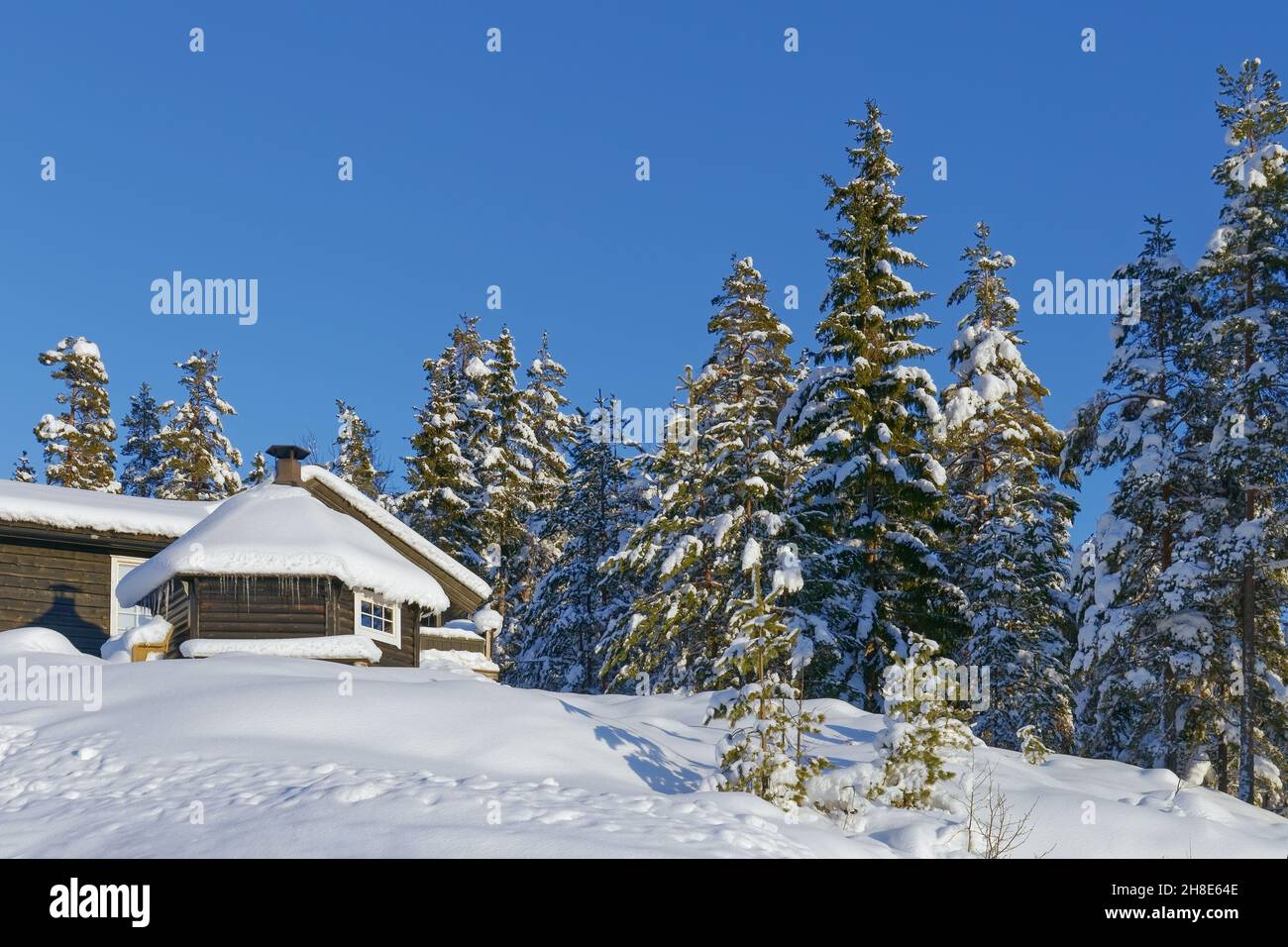 Snow covered mountain hut in the forest , blue sky and sun. Little ...