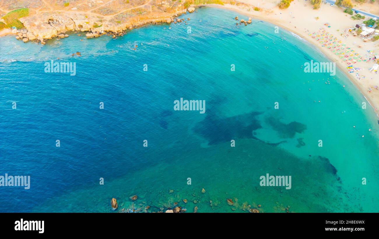 A small island View from above coast taken by a drone. Stock Photo